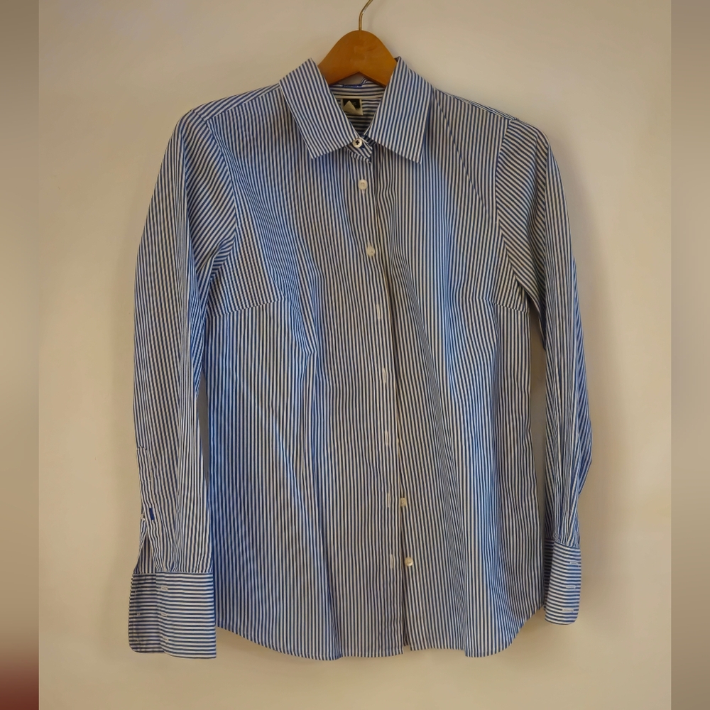 J. Crew Women's Blue and White Striped Shirt Size Medium